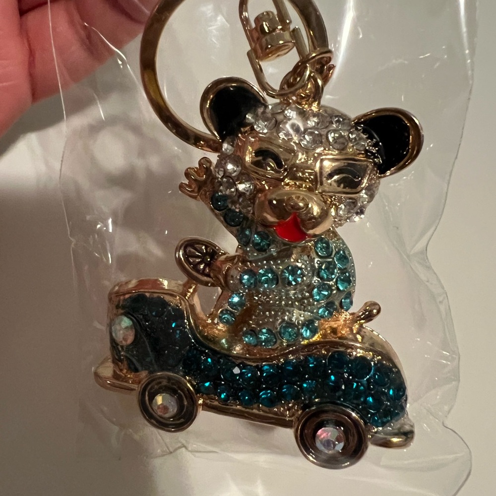 Sparkling Blue Bear Keychain with Car